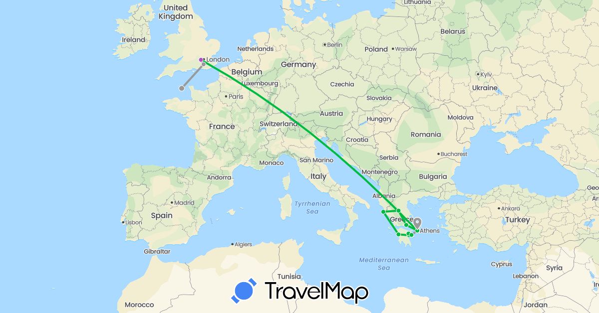 TravelMap itinerary: driving, bus, plane, train in United Kingdom, Guernsey, Greece (Europe)